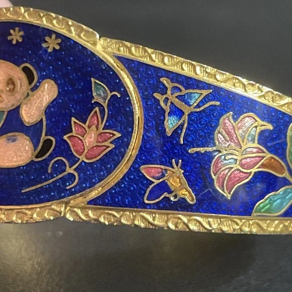 Vintage Cloisonne Hinged Bracelet Bangle Panda Floral Calla Lily Gold Tone - Picture 8 of 15